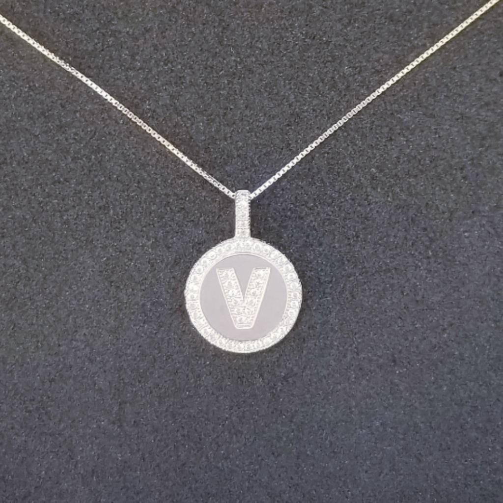 Silver Round Initial "V" Cz Stones Pendant